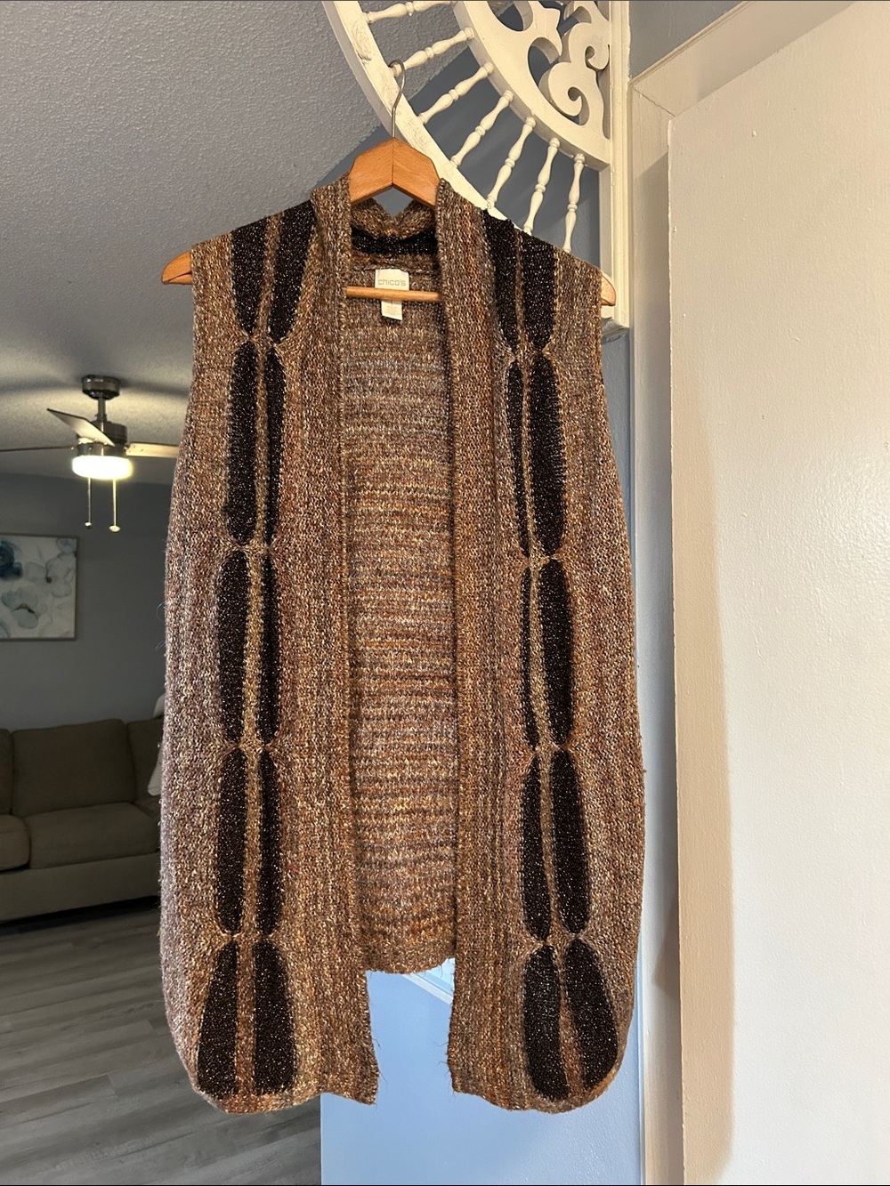 Chico's 1 Women’s Sz M Open Front Sweater Cardigan Brown w/Metallic Highlights